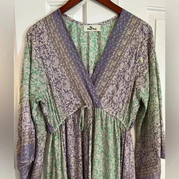 Bigg Bull by Cam Kimono Maxi Dess Green and Purple Metallic one size Silk blend - Picture 2 of 13